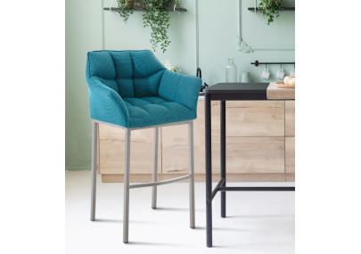 Tabouret de bar Damaso E en tissu avec piètement à 4 pieds, turquoise