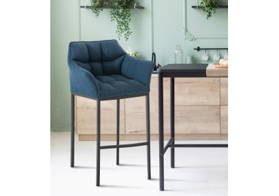Tabouret de bar Damaso B, tissu, piètement à 4 pieds, bleu