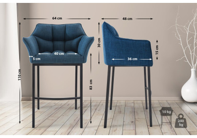 Taburete de bar Damaso B, tapizado en tela con estructura de 4 patas, azul