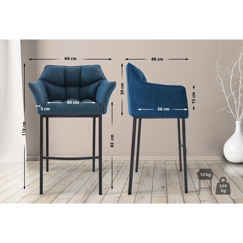 Sgabello da bar Damaso B, tessuto con struttura a 4 gambe, blu