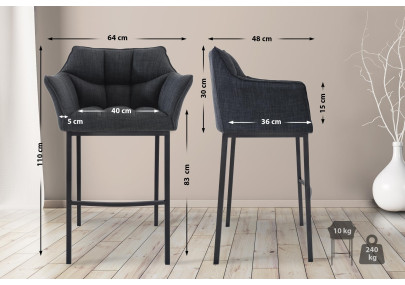 Tabouret de bar Damaso B, tissu, piètement à 4 pieds, gris foncé