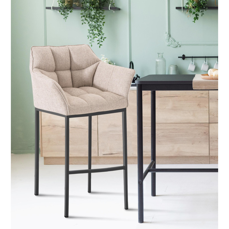 Tabouret de bar Damaso B en tissu avec piètement à 4 pieds ivoire