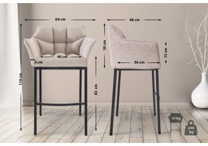 Tabouret de bar Damaso B en tissu avec piètement à 4 pieds, ivoire