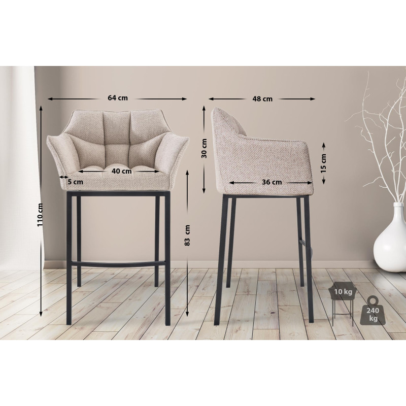 Banqueta de bar Damaso B em tecido com estrutura de 4 pés, cor marfim.