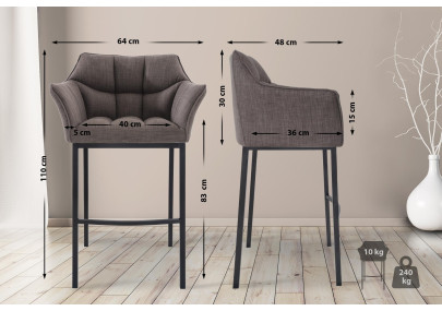 Tabouret de bar Damaso B, tissu, piètement à 4 pieds, gris