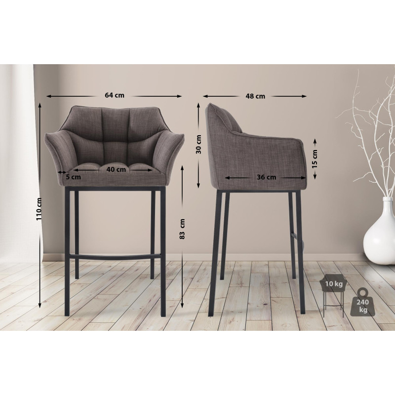 Sgabello da bar Damaso B, tessuto con struttura a 4 gambe, grigio