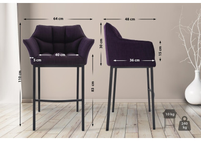 Tabouret de bar Damaso B, tissu, piètement à 4 pieds, violet