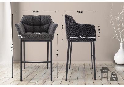 Tabouret de bar Damaso B, tissu avec piètement à 4 pieds, gris titane