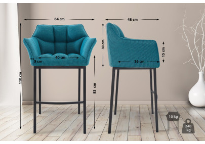 Taburete de bar Damaso B tapizado en tela con estructura de 4 patas, color turquesa