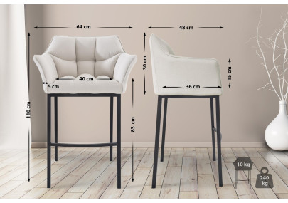 Taburete de bar Damaso B, tapizado en tela con estructura de 4 patas, blanco