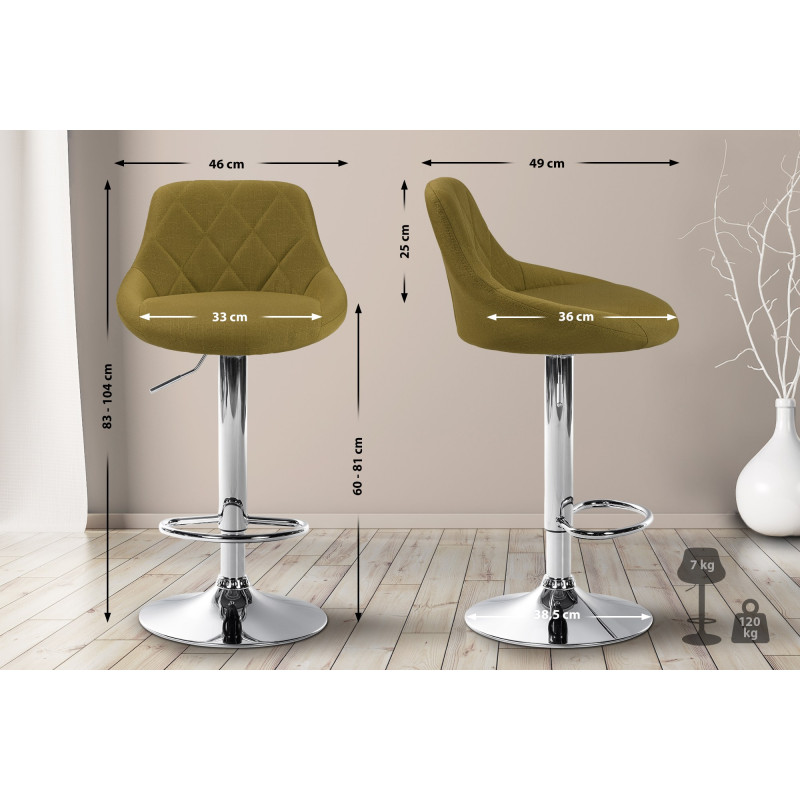 Tabouret de bar Lazio, tissu, chrome, vert