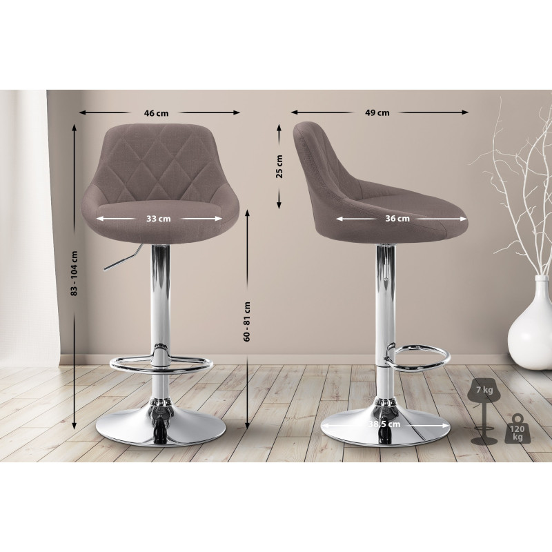 Tabouret de bar Lazio, tissu, chrome, taupe