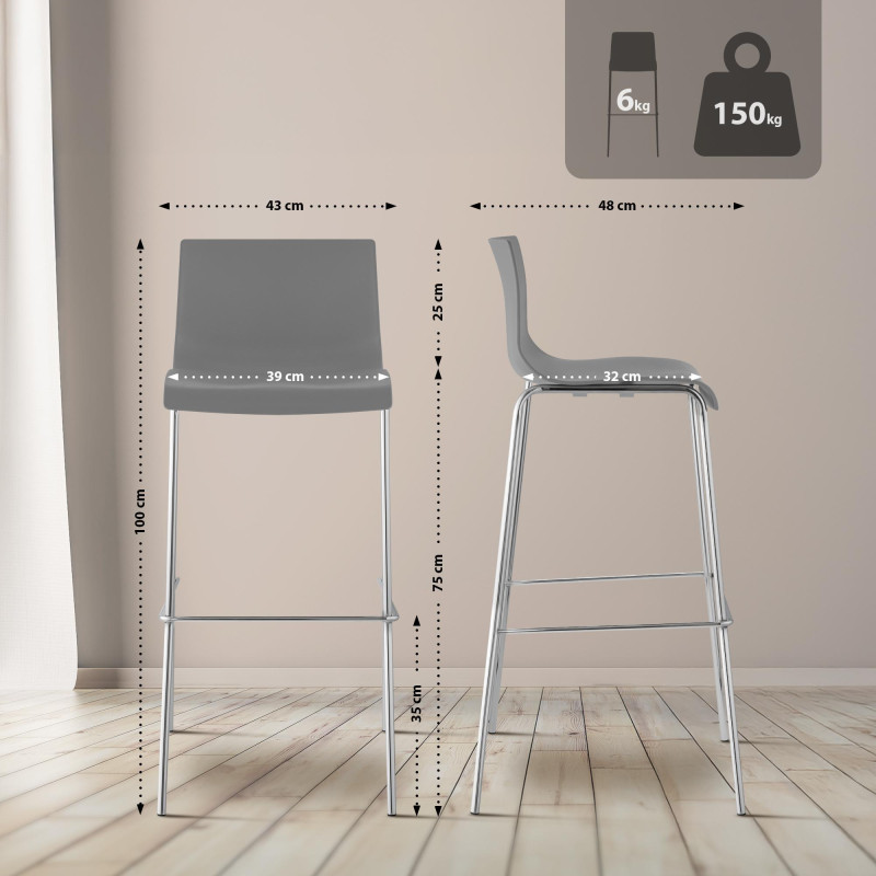 Lot de 2 tabourets de bar Hoover, en plastique, structure à 4 pieds, chromés gris