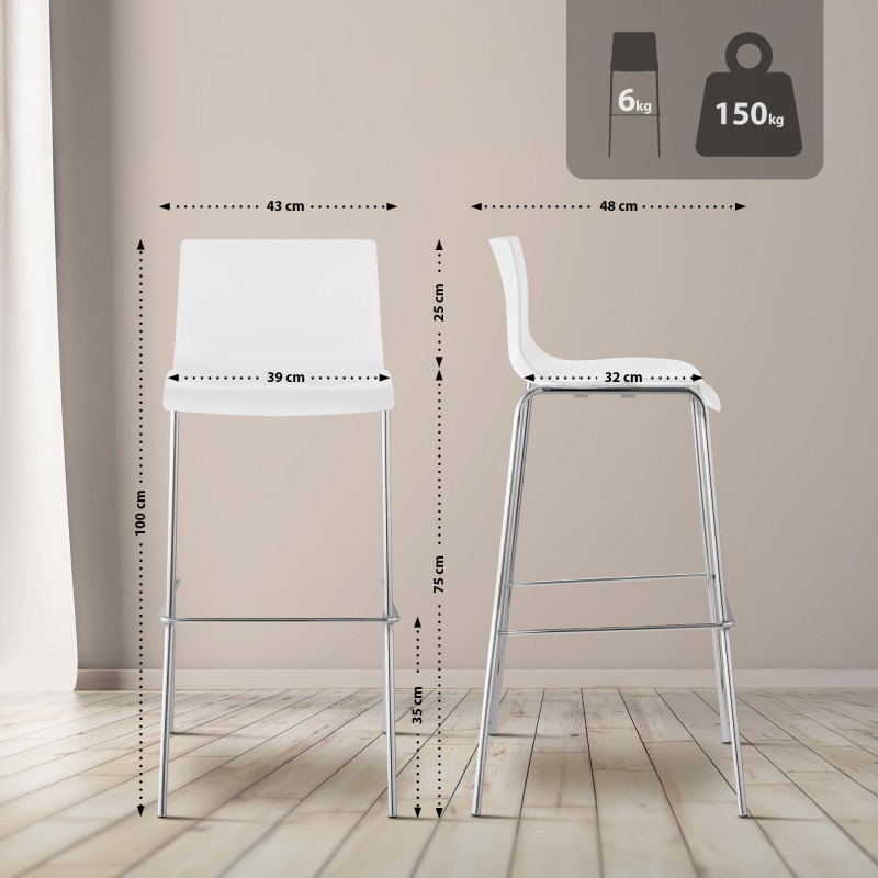Lot de 2 tabourets de bar Hoover, en plastique, piètement à 4 pieds, blanc chromé