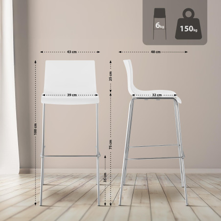 Lot de 2 tabourets de bar Hoover, en plastique, piètement à 4 pieds, blanc chromé