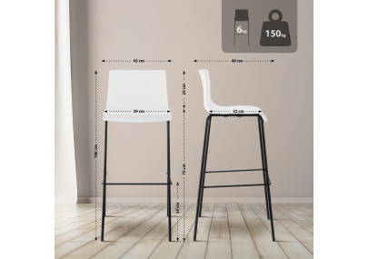 Juego de 2 taburetes de bar Hoover, de plástico, con estructura de 4 patas, blanco y negro.