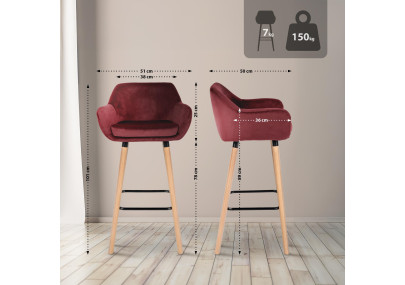 Sgabello da bar Grant, velluto, rosso