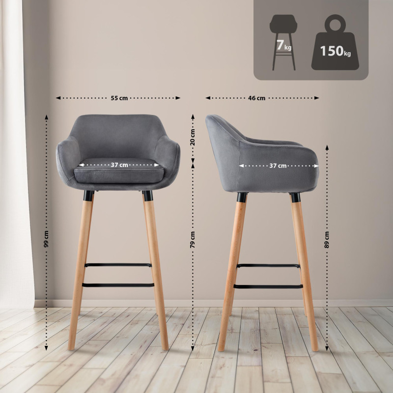 Ensemble de 2 tabourets de bar Grant en velours gris