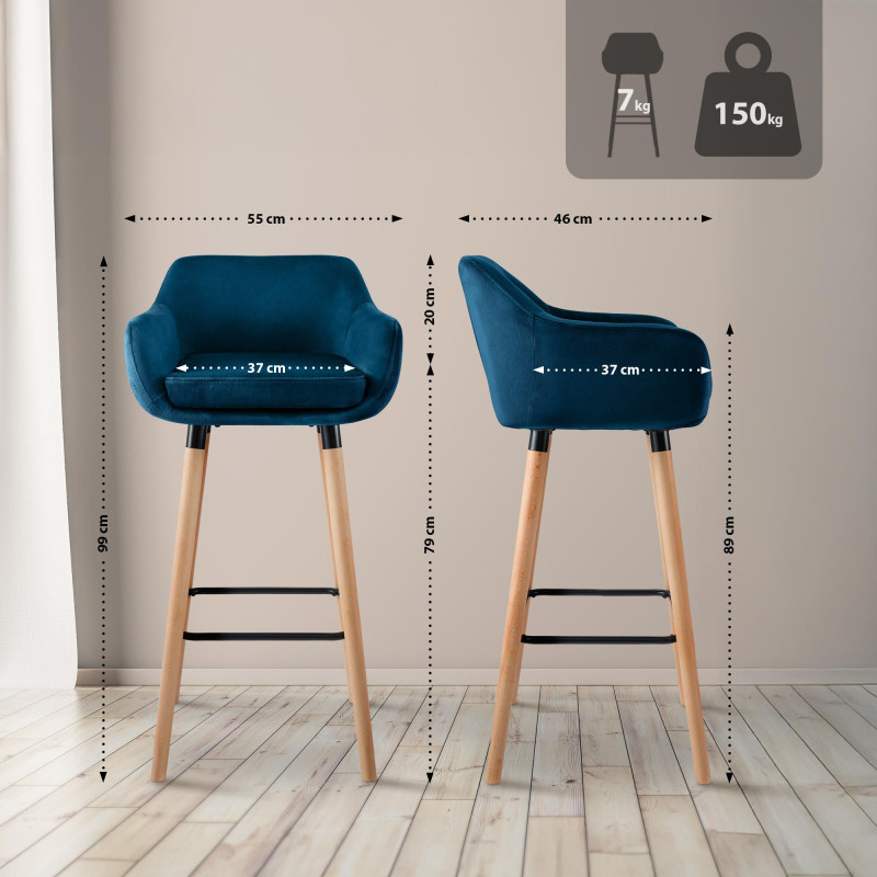 Ensemble de 2 tabourets de bar Grant en velours bleu