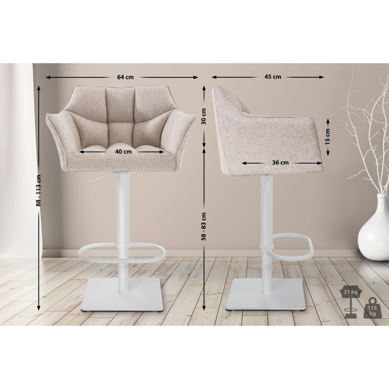 Ensemble de 2 tabourets de bar Damaso, tissu blanc et ivoire