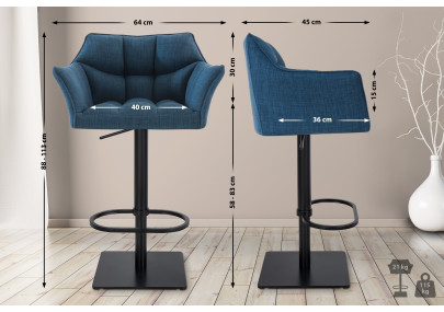 Conjunto de 2 banquetas de bar em tecido Damaso preto e azul.