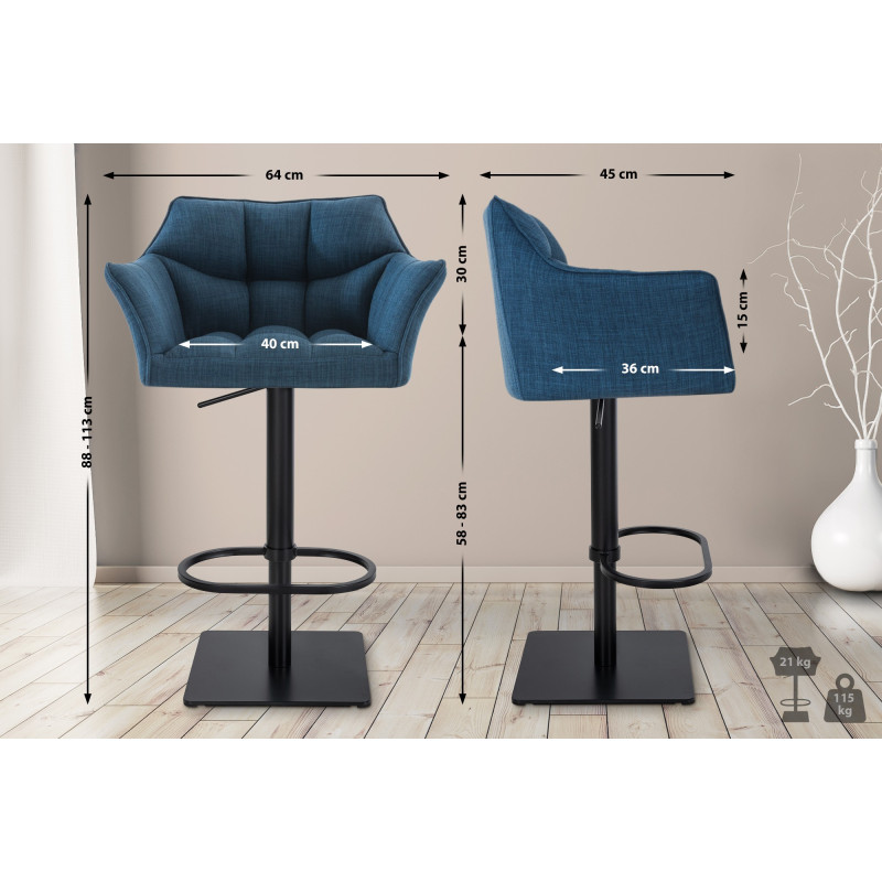 Ensemble de 2 tabourets de bar en tissu Damaso noir bleu