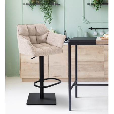 Ensemble de 2 tabourets de bar Damaso, tissu noir ivoire