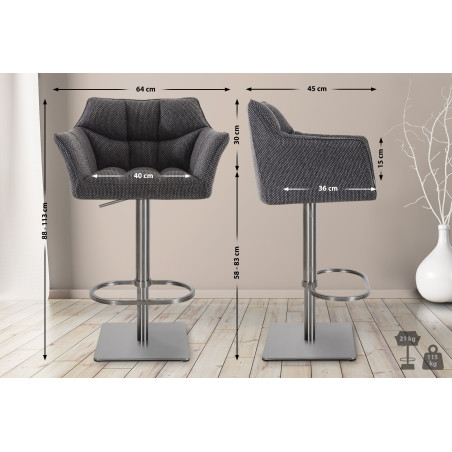 Juego de 2 taburetes de bar Damaso, tapizados en tela, de acero inoxidable y color gris titanio.