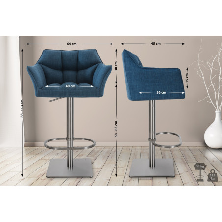 Conjunto de 2 banquetas de bar em tecido Damaso e aço inoxidável azul.