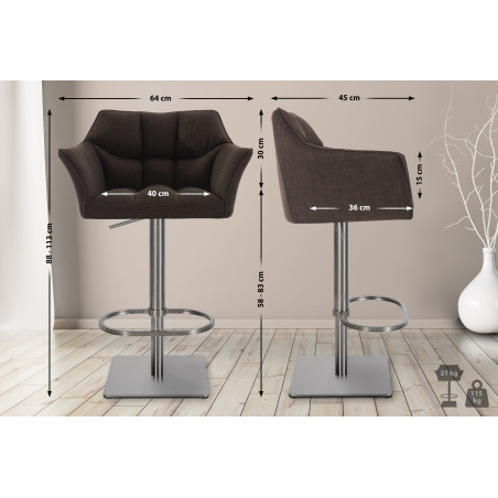 Ensemble de 2 tabourets de bar Damaso, tissu, acier inoxydable, marron