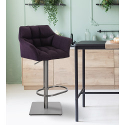 Juego de 2 taburetes de bar, tapizados en tela Damaso y de acero inoxidable color púrpura.