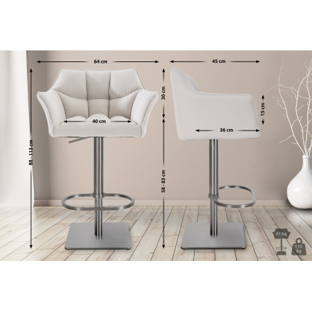 Conjunto de 2 banquetas de bar em tecido Damaso e aço inoxidável branco.