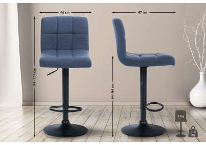 Tabouret de bar Calma, tissu noir et bleu