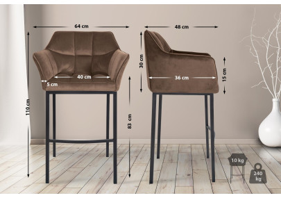 Sgabello da bar in velluto Damaso B con struttura a 4 gambe, marrone