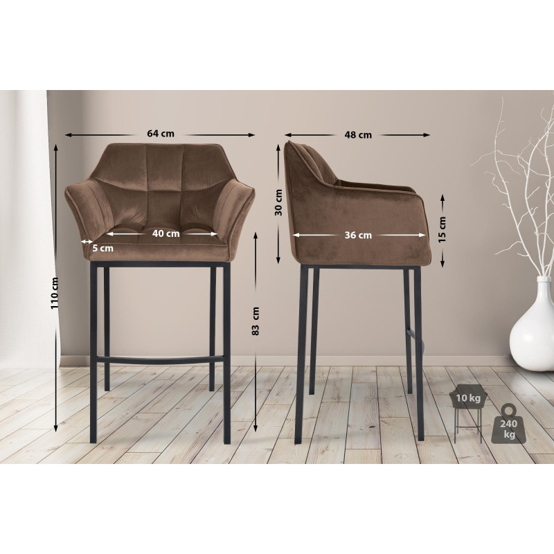 Sgabello da bar in velluto Damaso B con struttura a 4 gambe, marrone