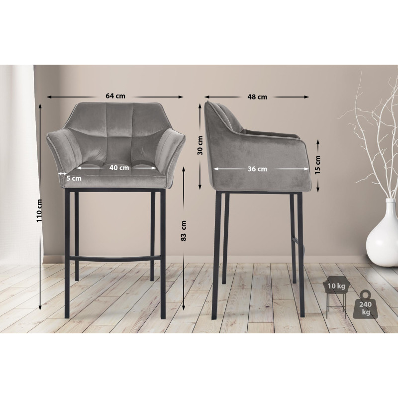 Tabouret de bar Damaso B en velours gris, piètement à 4 pieds.