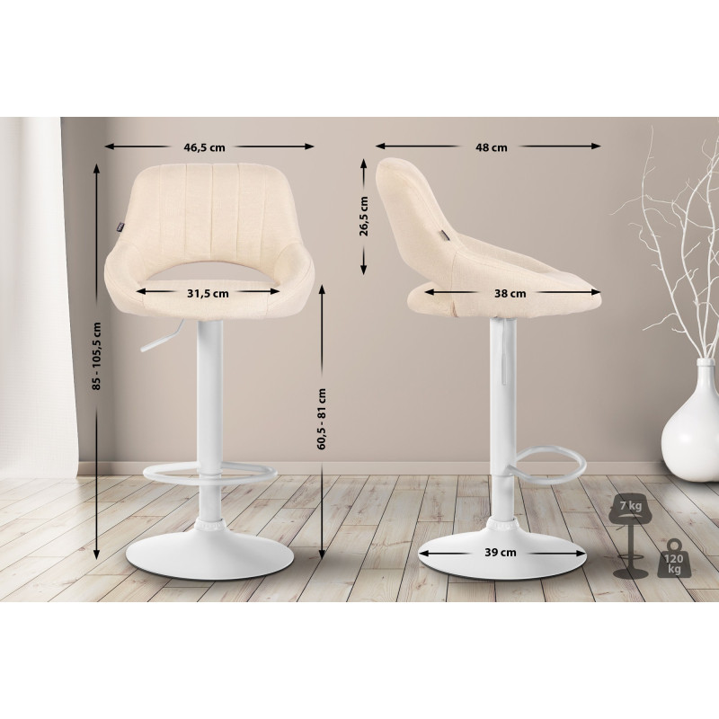 Tabouret de bar Milet, tissu, blanc/crème