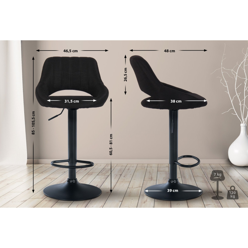 Tabouret de bar Milet, tissu noir noir
