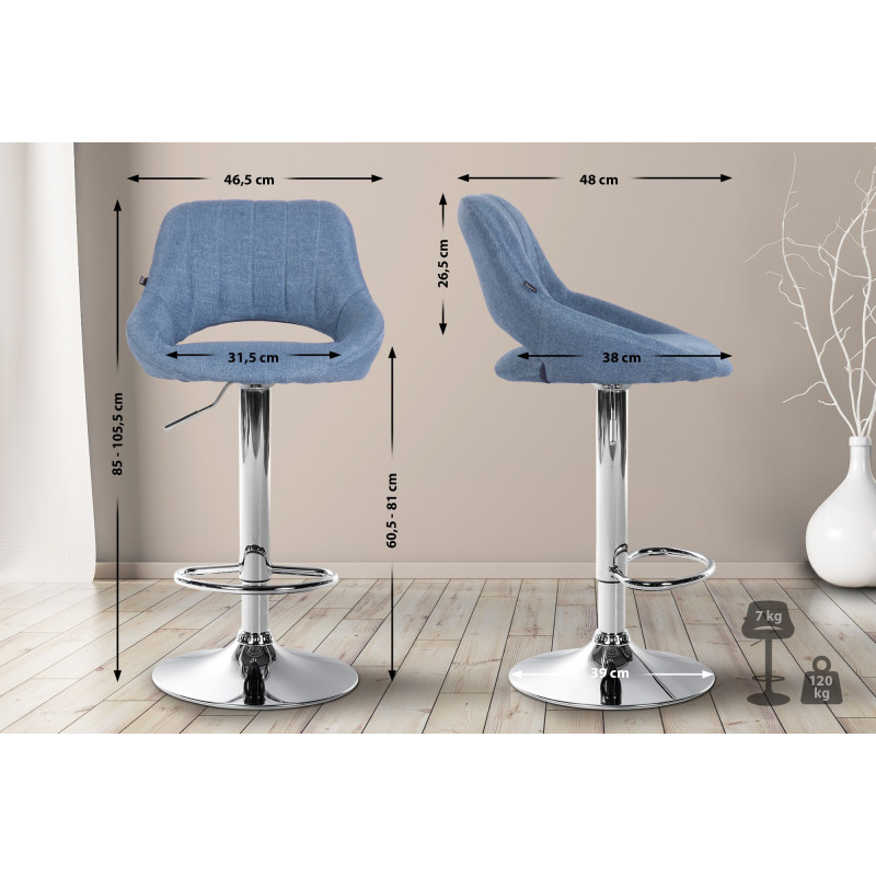 Tabouret de bar Milet, tissu, chrome, bleu
