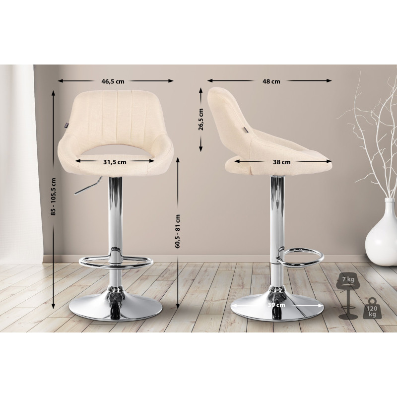 Tabouret de bar Milet, tissu, chrome, crème