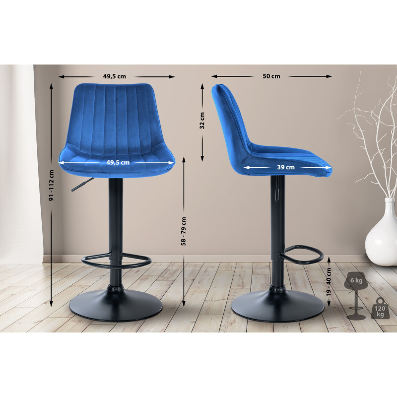 Tabouret de bar Toni en velours noir bleu