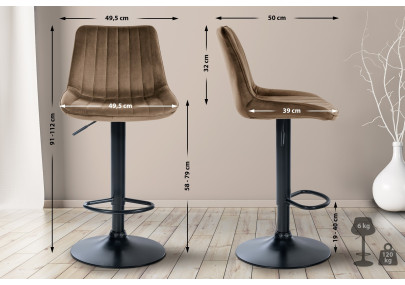 Tabouret de bar Toni en velours, noir/marron