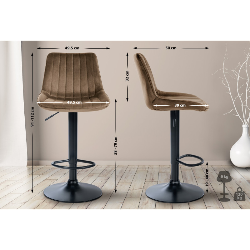 Tabouret de bar Toni en velours noir brun