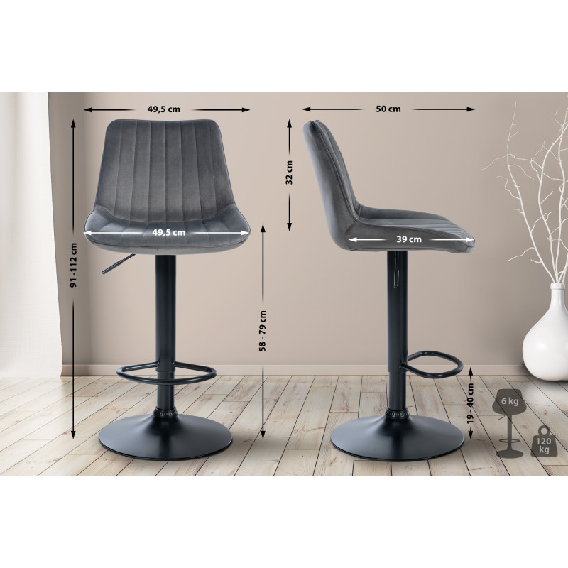 Tabouret de bar Toni en velours noir gris foncé