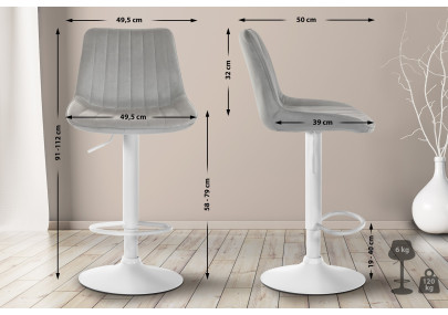 Tabouret de bar Toni en velours, blanc/gris