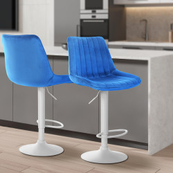 Tabouret de bar Toni en velours blanc bleu