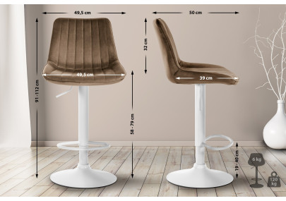 Tabouret de bar Toni en velours, blanc/marron