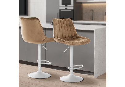 Tabouret de bar Toni en velours, blanc/marron