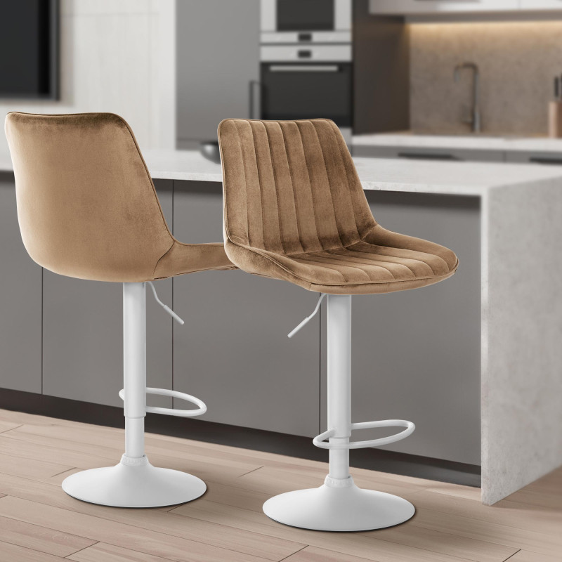 Tabouret de bar Toni en velours, blanc/marron