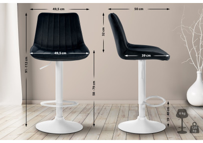 Tabouret de bar Toni en velours, blanc/noir